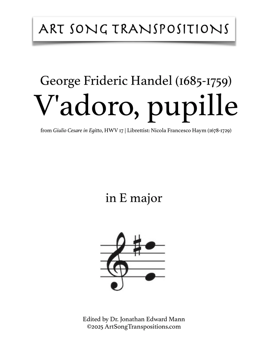 HANDEL: V'adoro, pupille (transposed to E major) Piano, Vocal scores gallery preview page 1