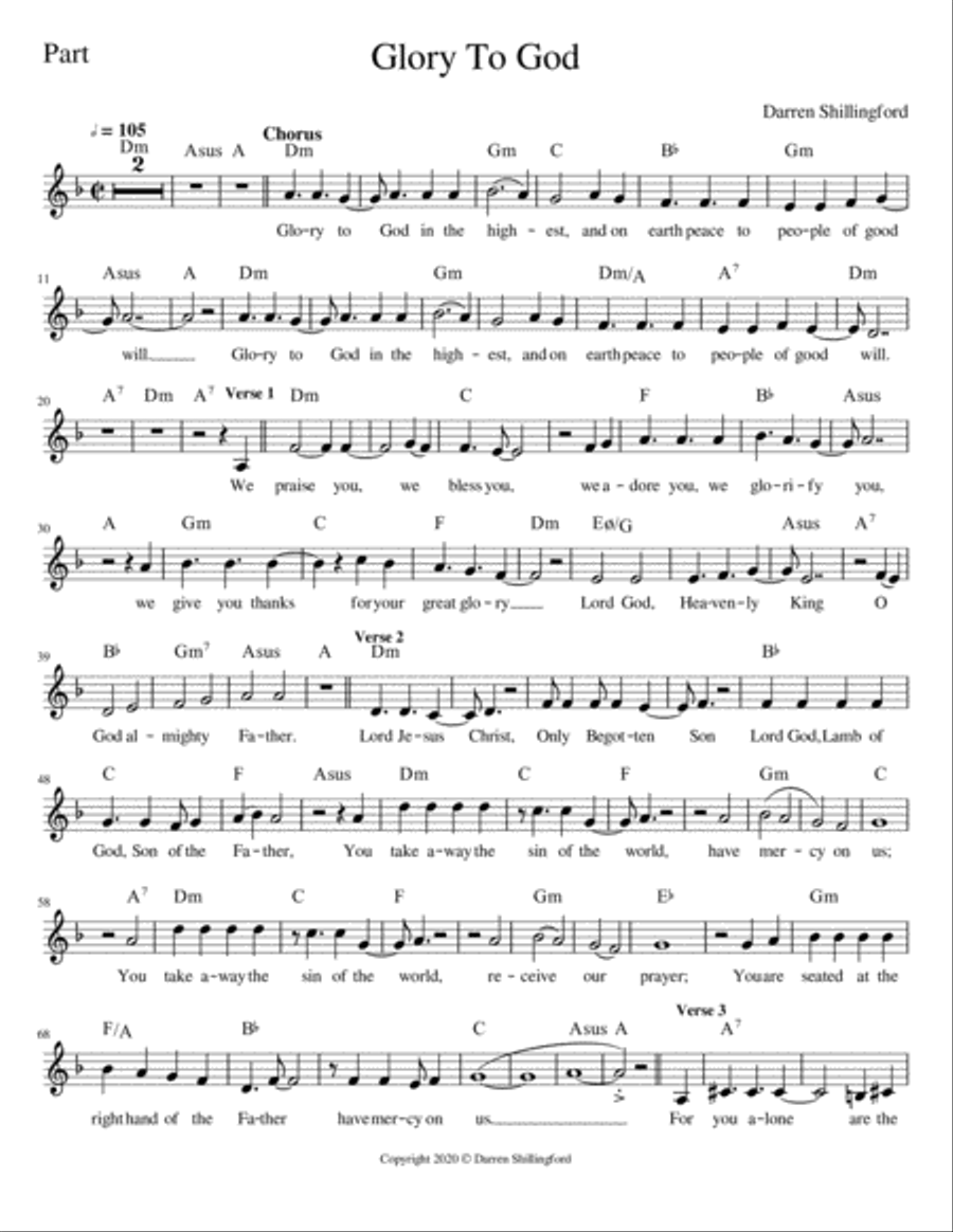 Glory To God - Shillingford - Lead Sheet Only Unison Choir scores gallery preview page 1