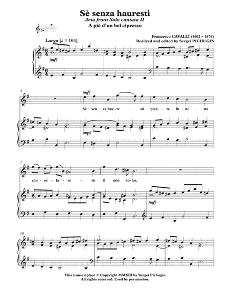 CAVALLI Francesco: Sè senza hauresti, aria from the cantata, arranged for Voice and Piano (E minor) image number null