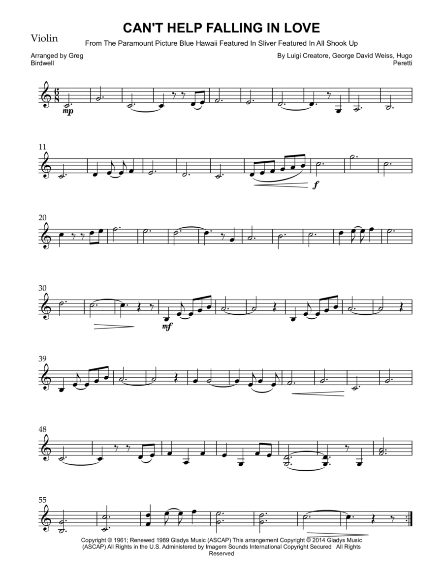 Can't Help Falling In Love Violin Solo scores gallery preview page 1