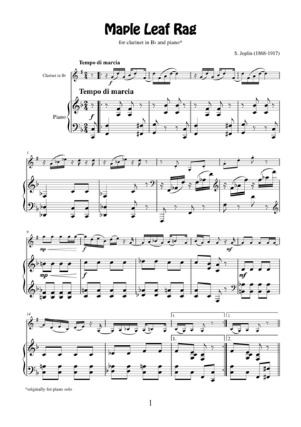 Maple Leaf Rag by Scott Joplin, transcription for clarinet and piano