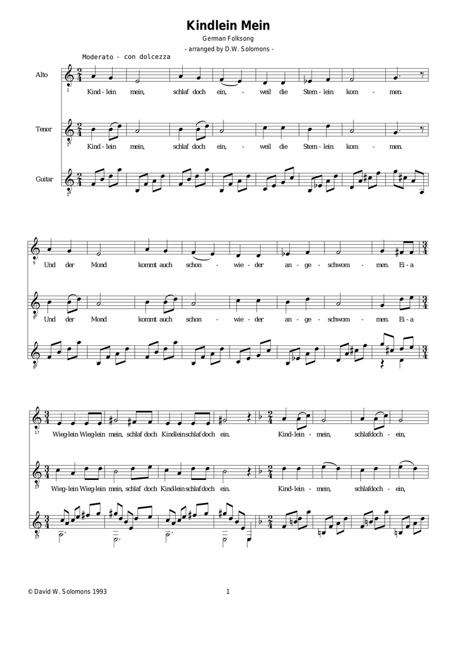 Kindlein Mein for alto, tenor and guitar Small Ensemble scores gallery preview page 1