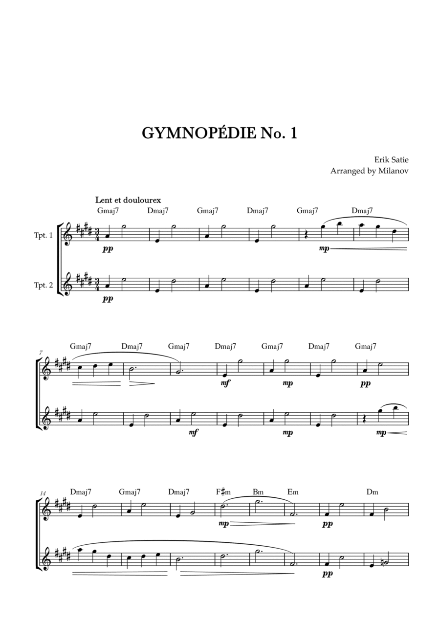 Gymnopédie no 1 | Trumpet in Bb Duet | Original Key | Chords | Easy intermediate Trumpet Duet scores gallery preview page 1