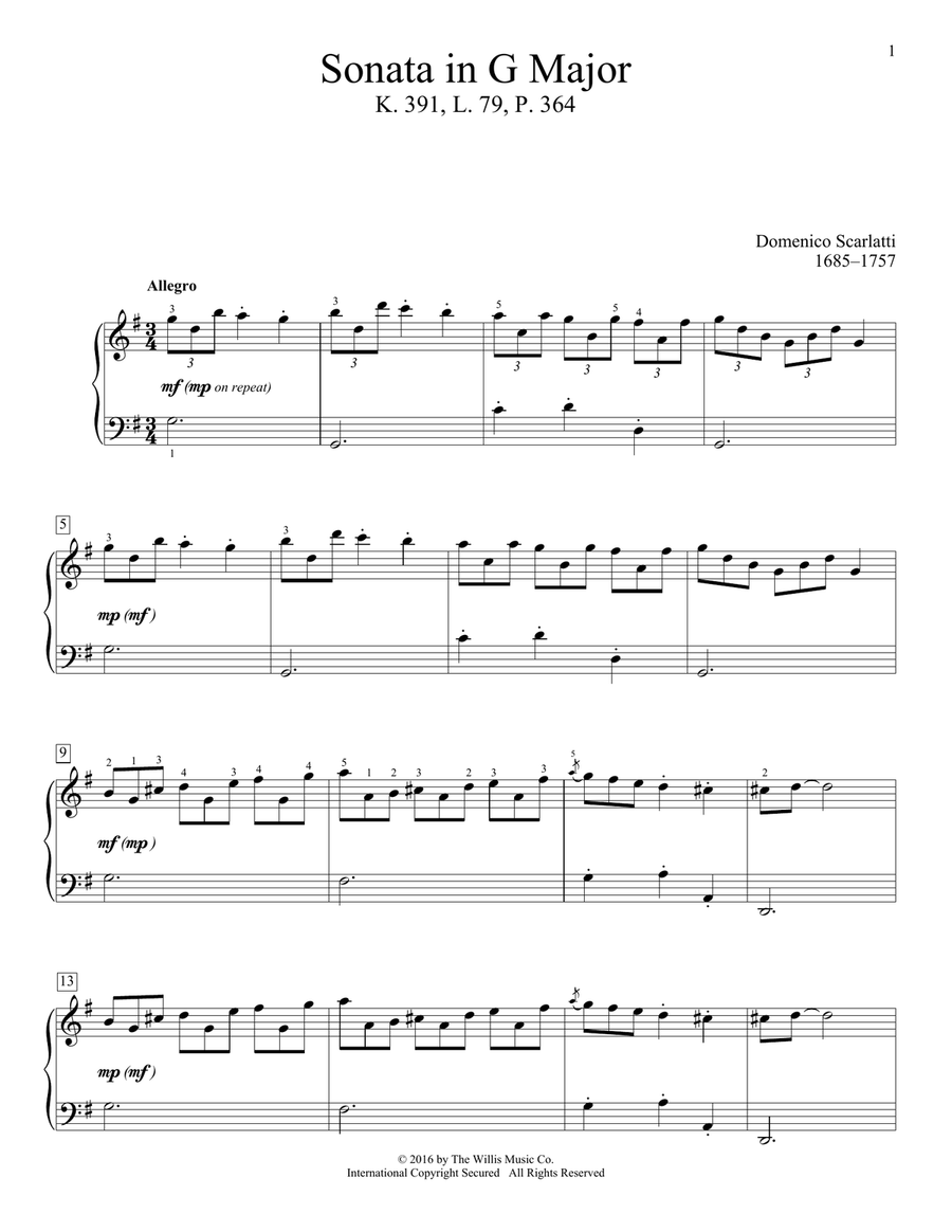 Sonata In G Major, K. 391, L. 79, P. 364 Piano Method scores gallery preview page 1