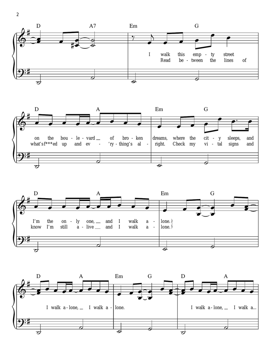 Boulevard Of Broken Dreams Easy Piano scores gallery preview page 2