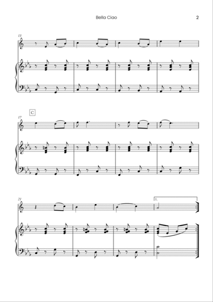 Bella Ciao - Solo alto saxophone and piano accompaniment (Easy) Alto Saxophone scores gallery preview page 3