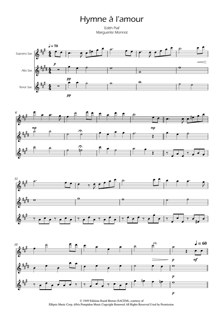 Hymne A L'amour Woodwind Trio scores gallery preview page 1