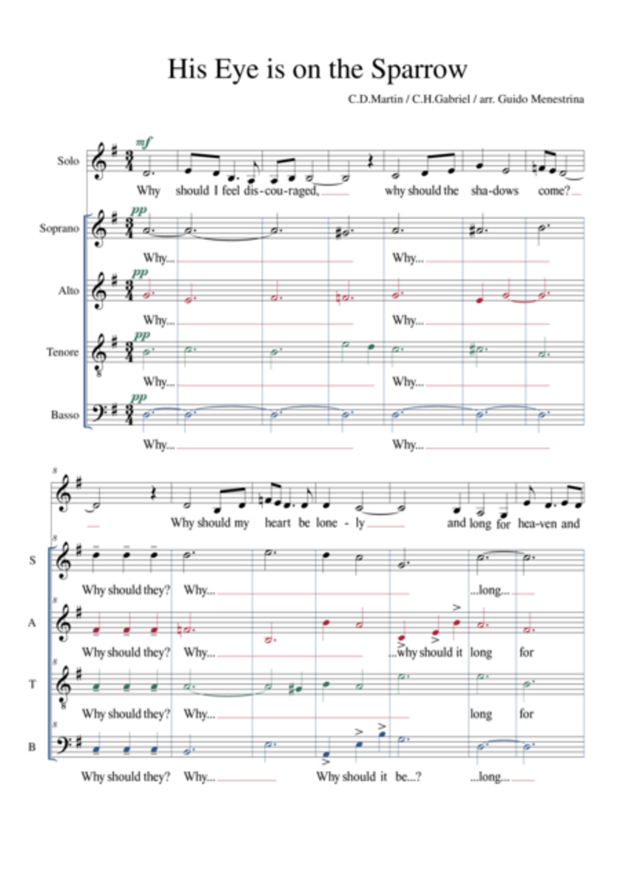 His eye is on the sparrow SATB + Alto Solo a capella arrangement by Guido Menestrina 4-Part scores gallery preview page 1