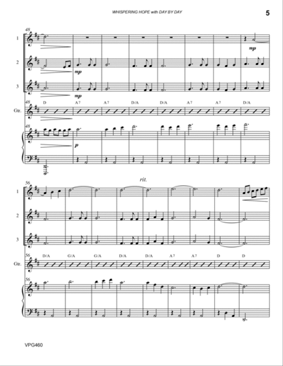 WHISPERING HOPE with DAY BY DAY - 3 Violins & Guitar with Piano accompaniment Small Ensemble scores gallery preview page 5