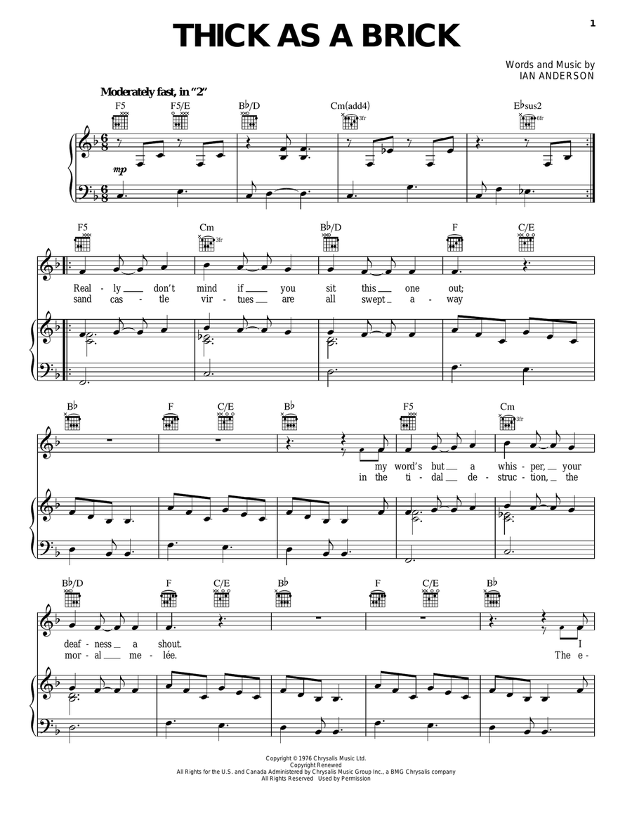 Thick As A Brick Thick As A Brick Piano, Vocal, Guitar scores gallery preview page 1