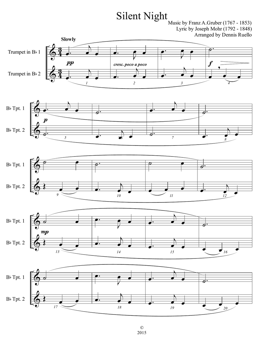 6 Traditional Christmas Carols for Trumpet Duet - Advanced Intermediate Trumpet Duet scores gallery preview page 1