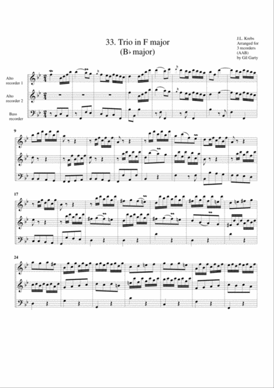 Organ trio in F major (Breitkopf edition no.33) (arrangement for 3 recorders) Recorder scores gallery preview page 1