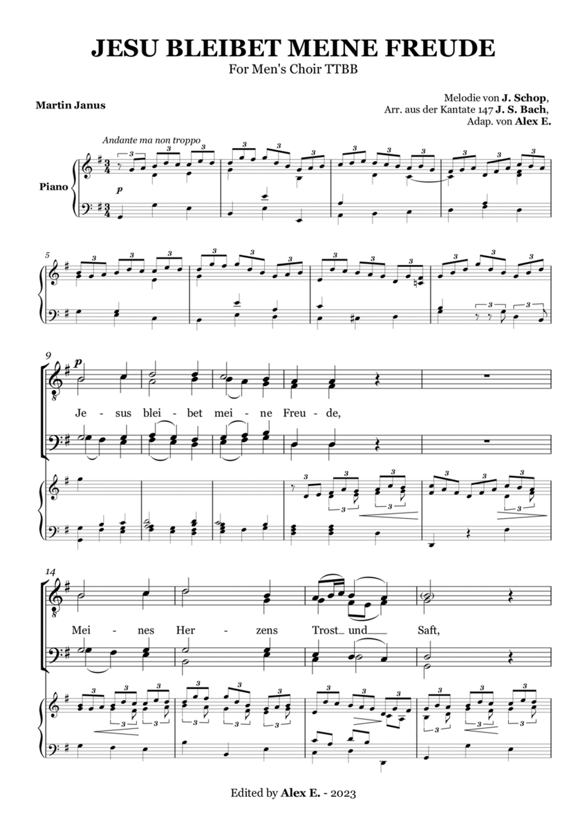 Jesus bleibet meine Freude - TTBB (German lyrics) with organ/piano accompaniment