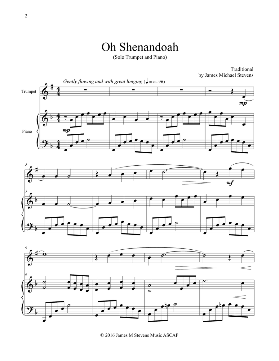Oh Shenandoah - Solo Trumpet & Piano Trumpet Solo scores gallery preview page 2