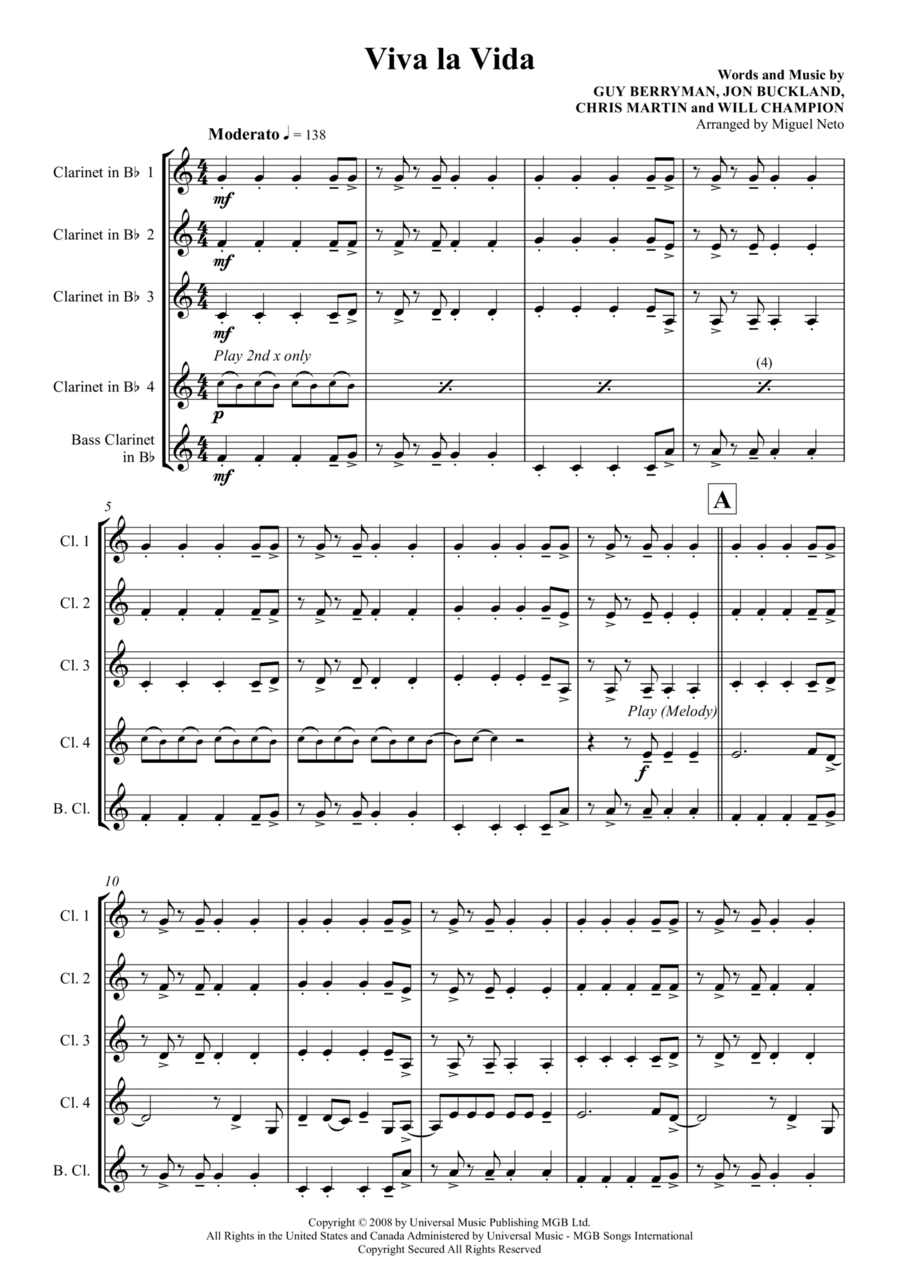 Viva La Vida Bass Clarinet scores gallery preview page 1