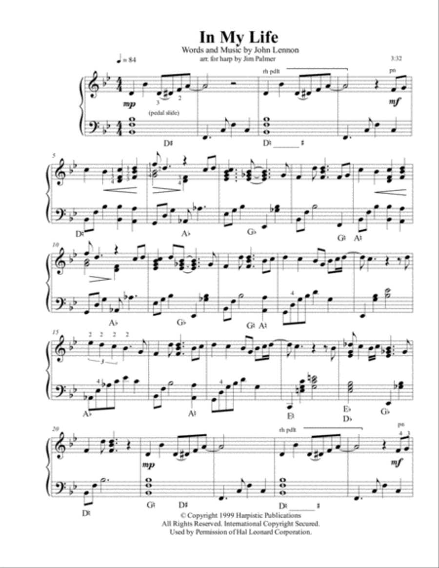 In My Life Harp scores gallery preview page 1