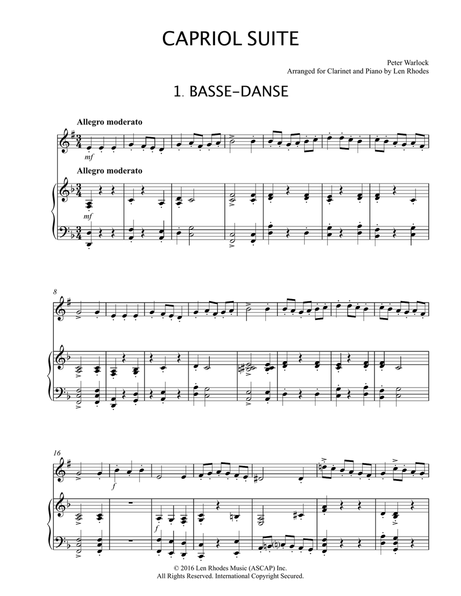 "Capriol Suite" (Peter Warlock) for Clarinet and Piano