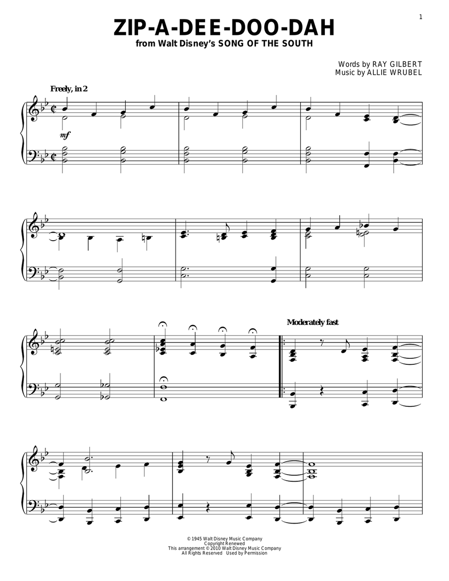 Zip-A-Dee-Doo-Dah (from Song Of The South) Piano Solo scores gallery preview page 1