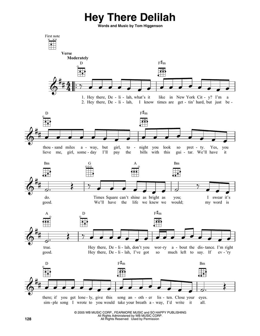 Hey There Delilah Baritone Ukulele scores gallery preview page 1