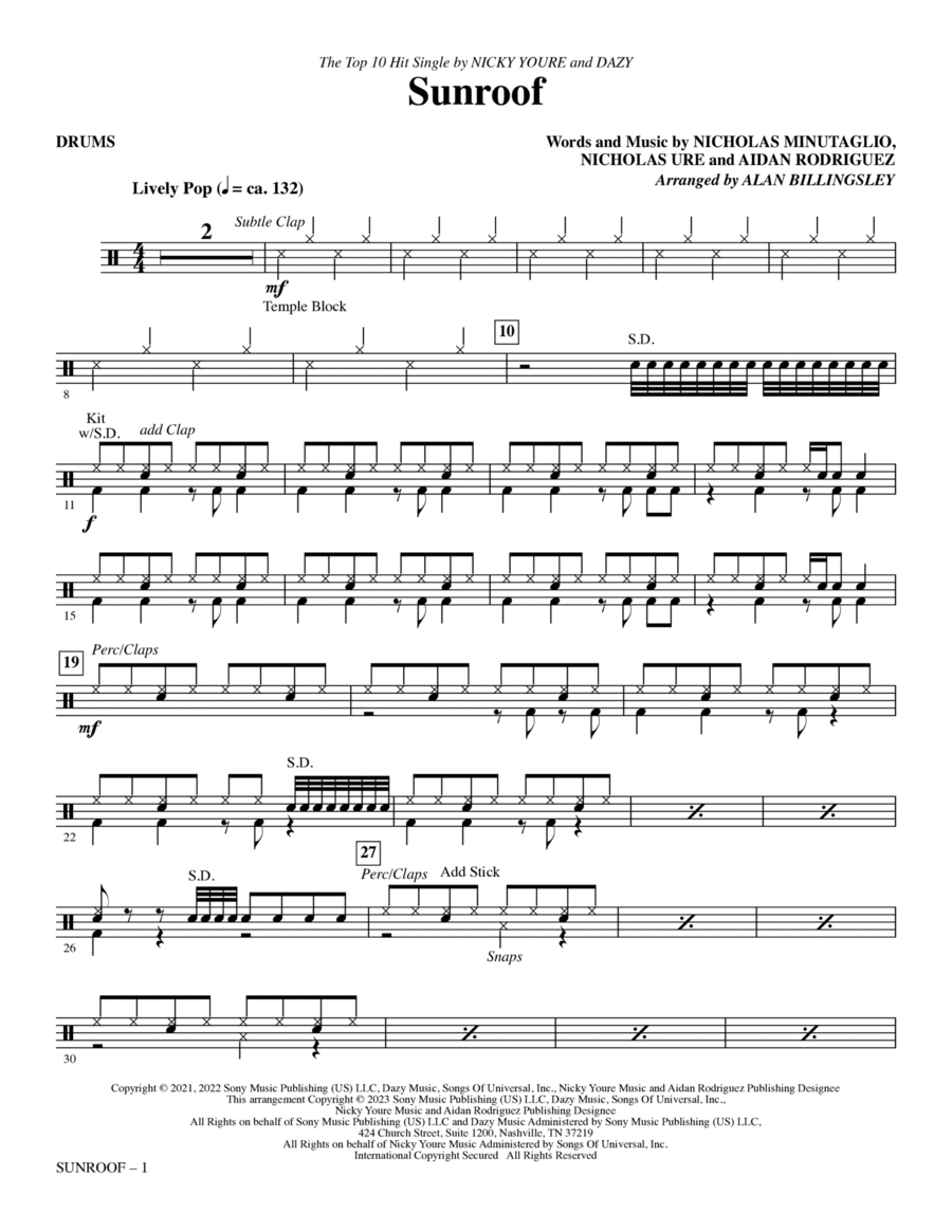 Sunroof (arr. Alan Billingsley) - Drums