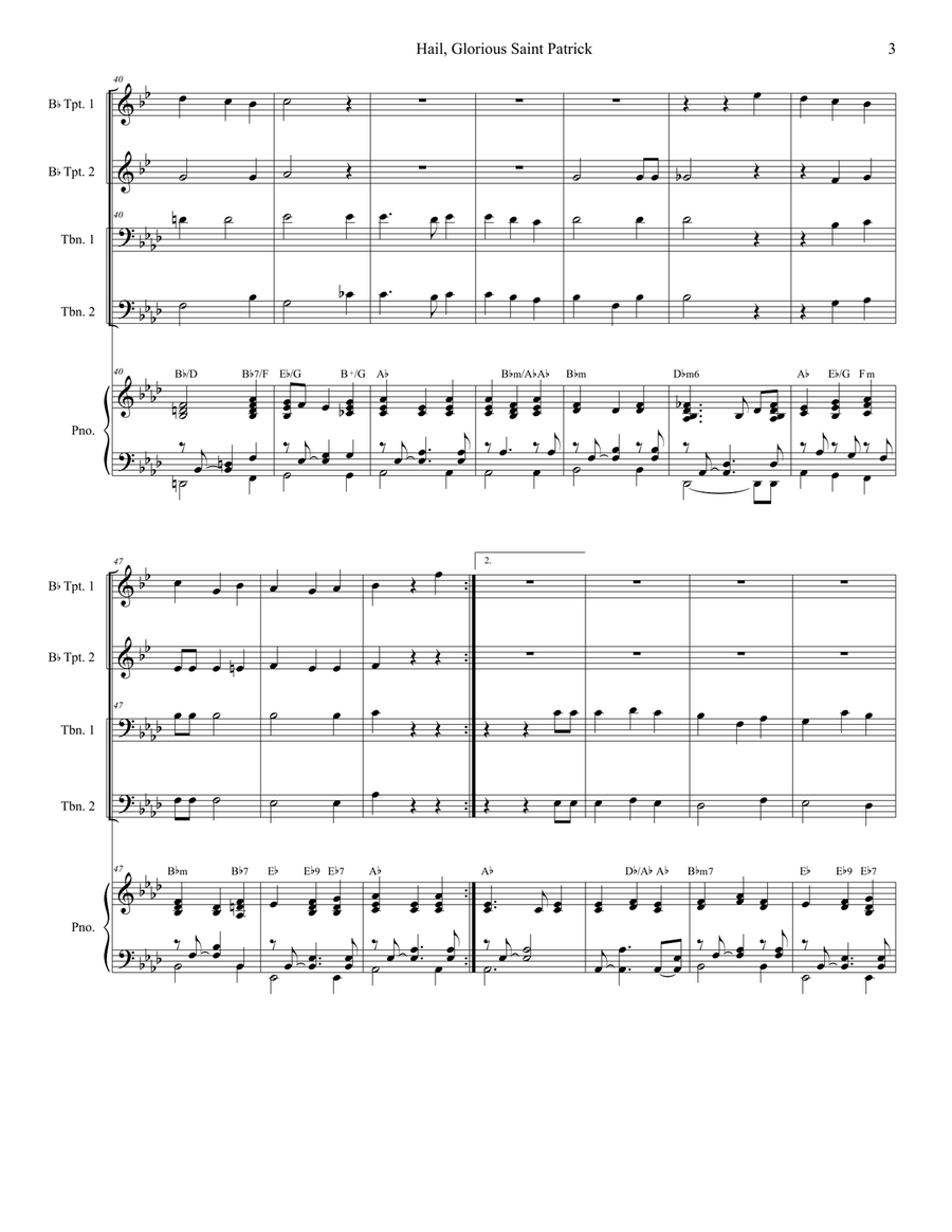 Hail, Glorious Saint Patrick (Brass Quartet and Piano - Alternate Version) Brass Quartet scores gallery preview page 3