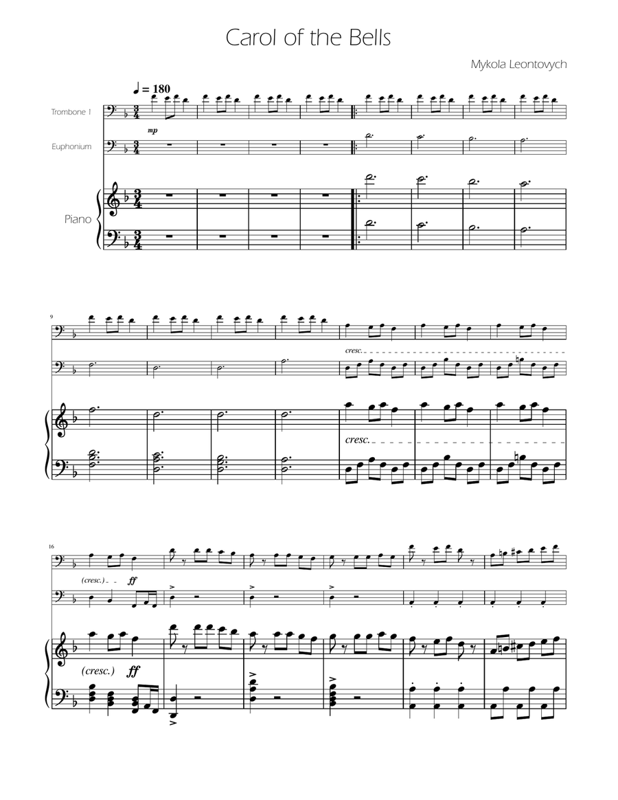 Carol of The Bells - Trombone and Euphonium Duet Brass Duet scores gallery preview page 1
