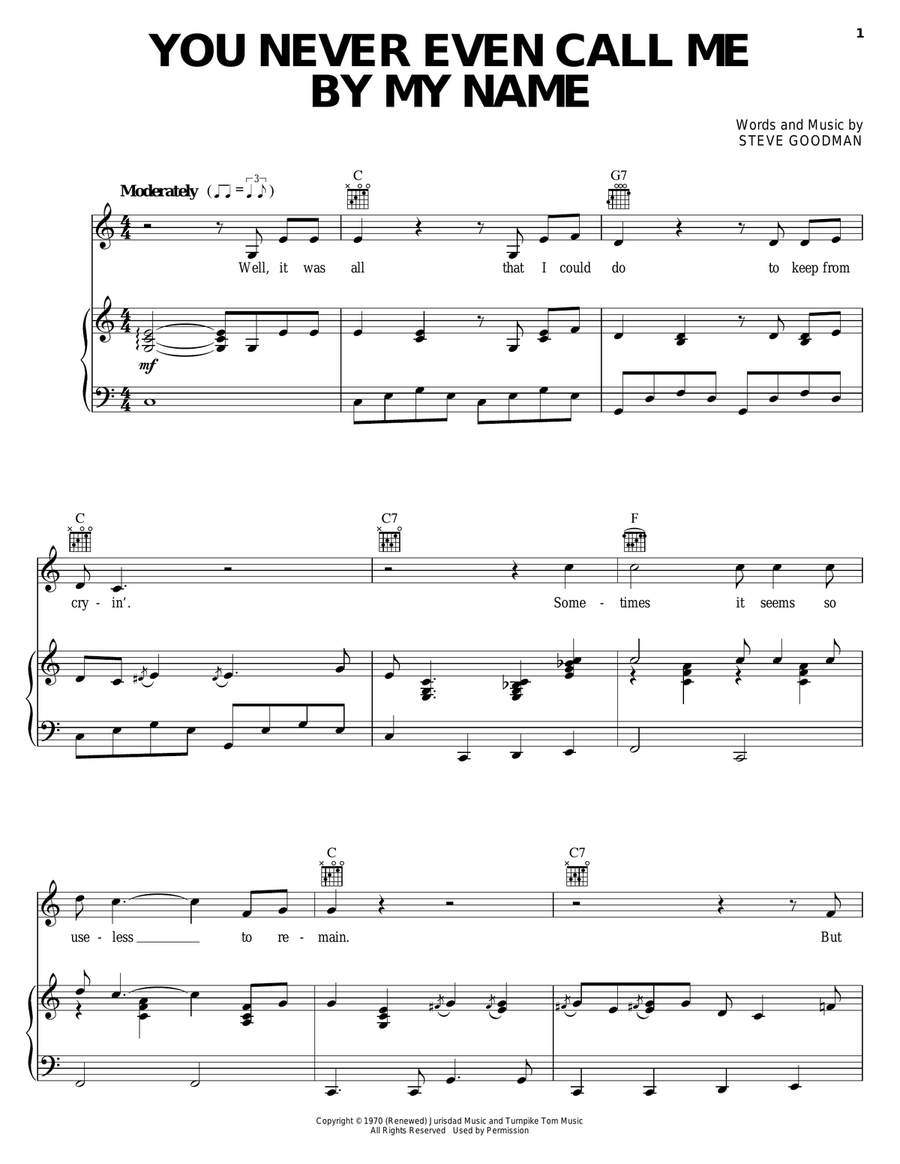 You Never Even Call Me By My Name Piano, Vocal, Guitar scores gallery preview page 1