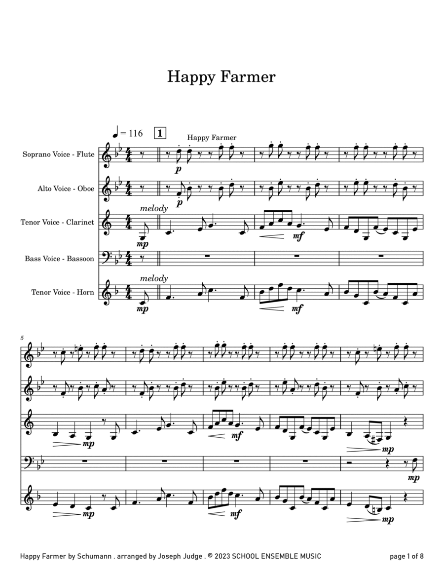 Happy Farmer by Schumann for Woodwind Quartet in Schools Woodwind Quartet scores gallery preview page 1