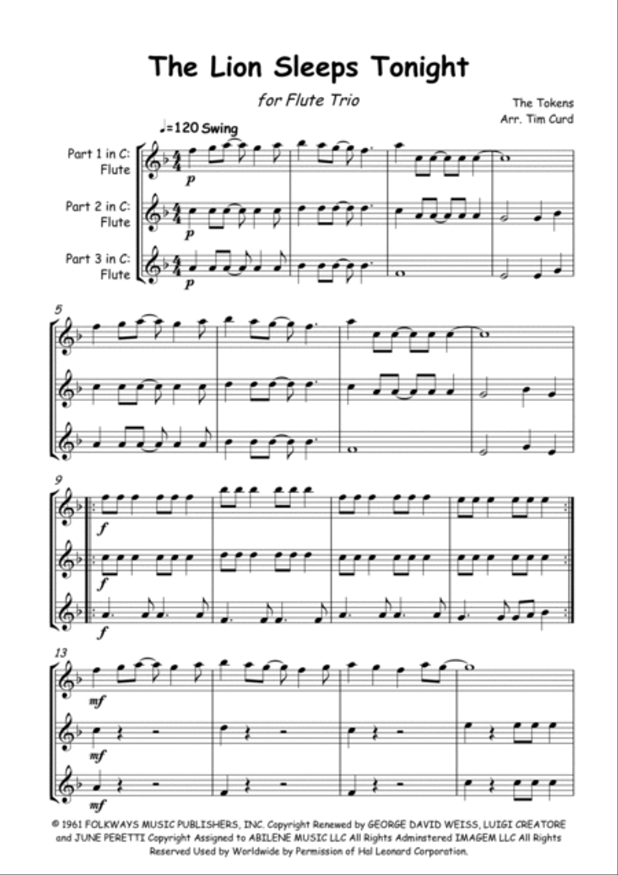 The Lion Sleeps Tonight Woodwind Trio scores gallery preview page 2