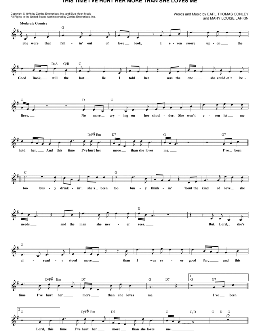 This Time I've Hurt Her More Than She Loves Me Piano scores gallery preview page 1