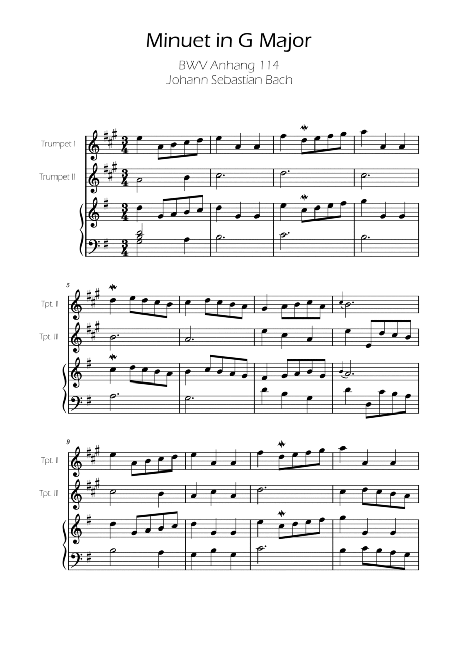 Minuet in G major BWV Anh. 114 - Bach - Trumpet Duet w/ Piano Trumpet Duet scores gallery preview page 1
