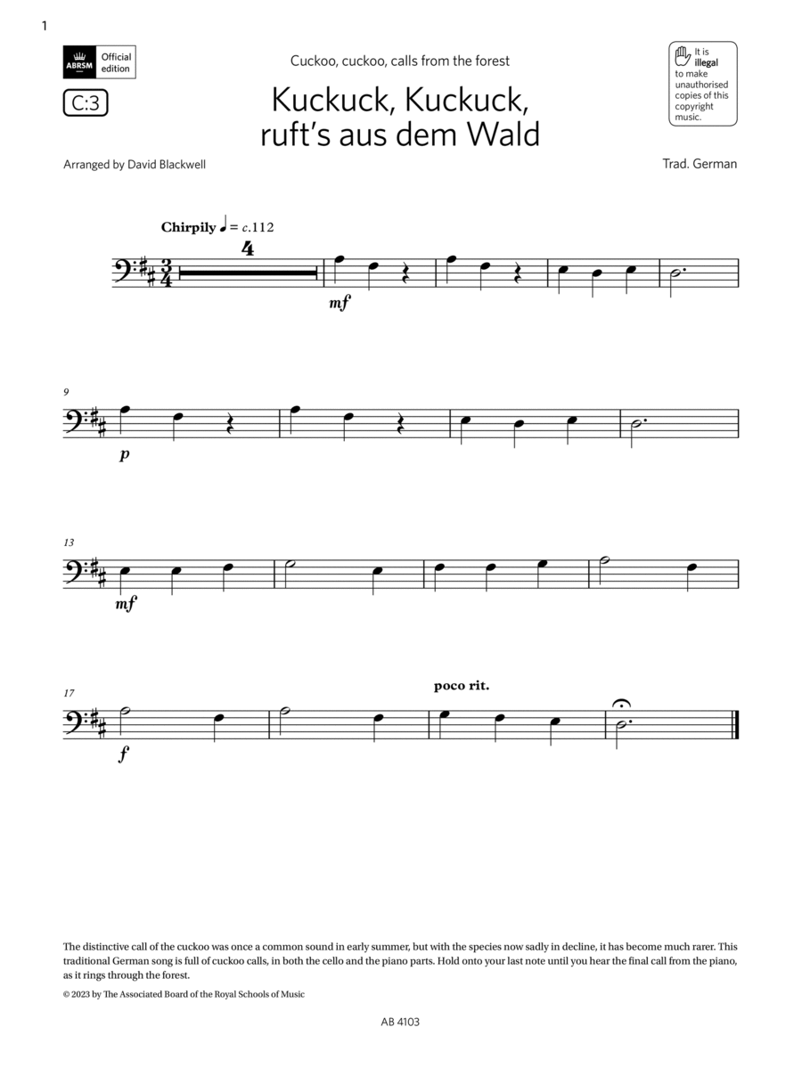 Kuckuck, Kuckuck, ruft's aus dem Wald (Grade Initial, C3, from the ABRSM Cello Syllabus from 2024)
