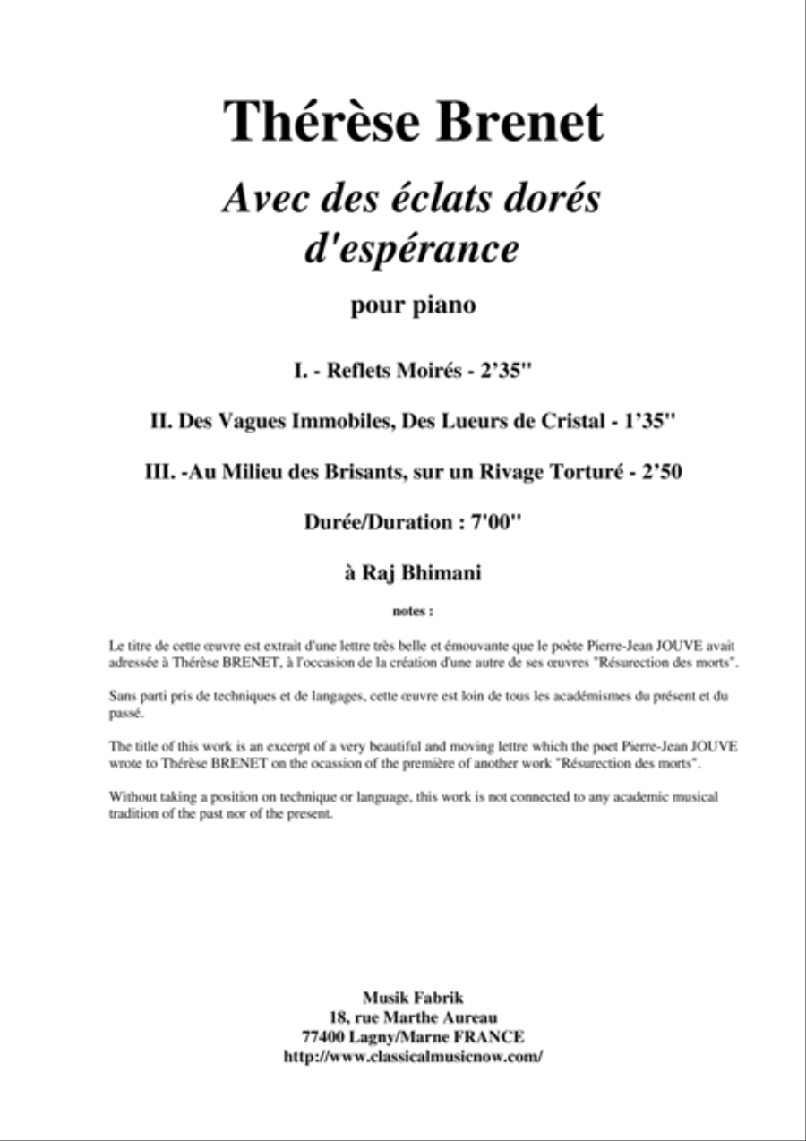 Thérèse Brenet - Avec des éclats dorés d'espérance for piano Piano Solo scores gallery preview page 1