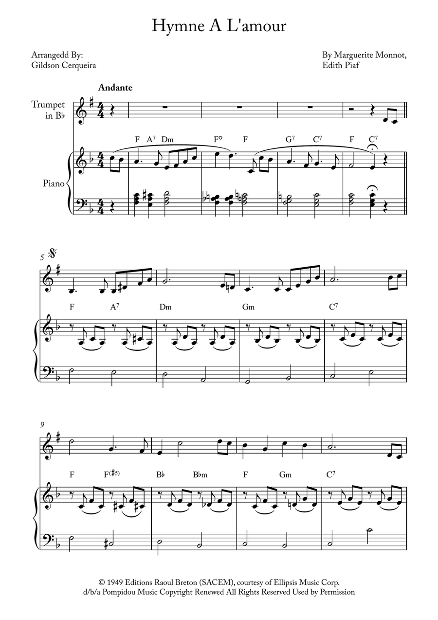 Hymne A L'amour B-Flat Trumpet scores gallery preview page 1