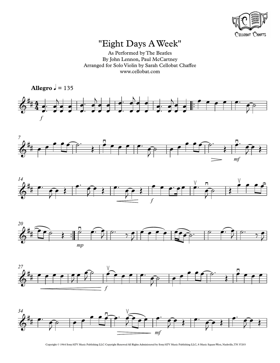Eight Days A Week Violin Solo scores gallery preview page 1