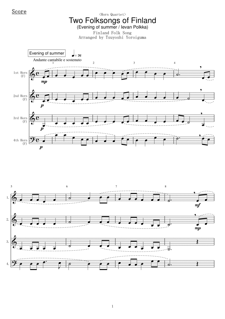 [Horn Quartet] Two Folksongs of Finland Brass Ensemble scores gallery preview page 1