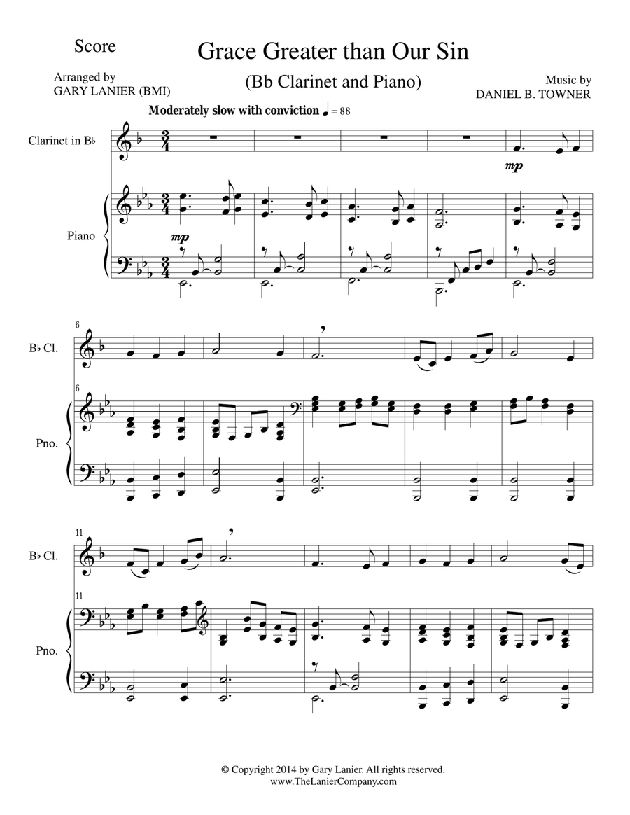 GRACE GREATER THAN OUR SIN (Bb Clarinet/Piano and Clarinet Part) GRACE GREATER THAN OUR SIN (Bb Clarinet/Piano and Clarinet Part) B-Flat Clarinet scores gallery preview page 1