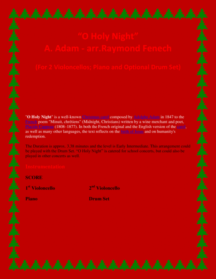 O Holy Night - 2 Violoncellos, Piano and Optional Drum Set - Intermediate Level image number null