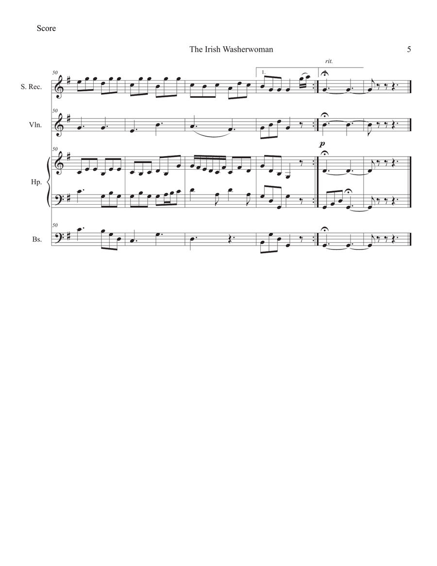 The Irish Washerwoman for Penny Whistle, Violin, Celtic harp and Bass Small Ensemble scores gallery preview page 5