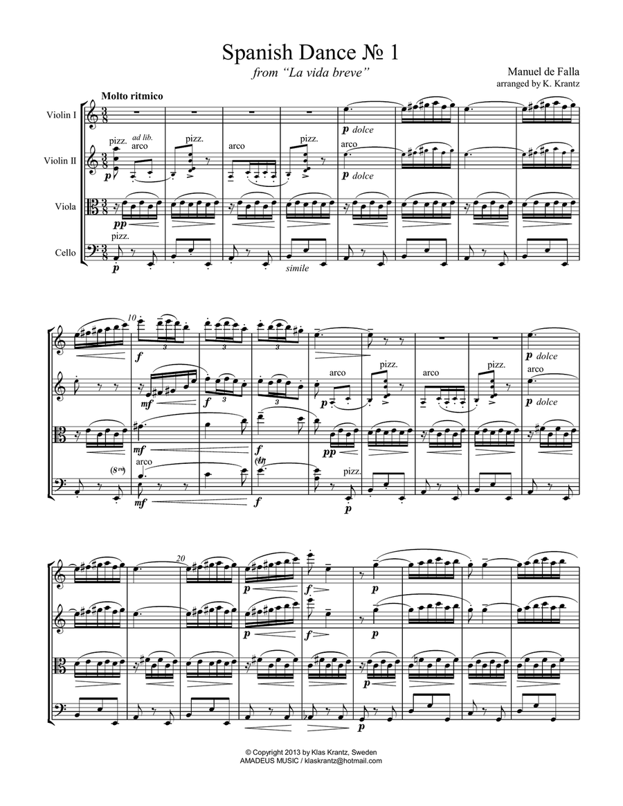 Spanish Dance No. 1, Danza from La vida breve for string quartet String Quartet scores gallery preview page 2