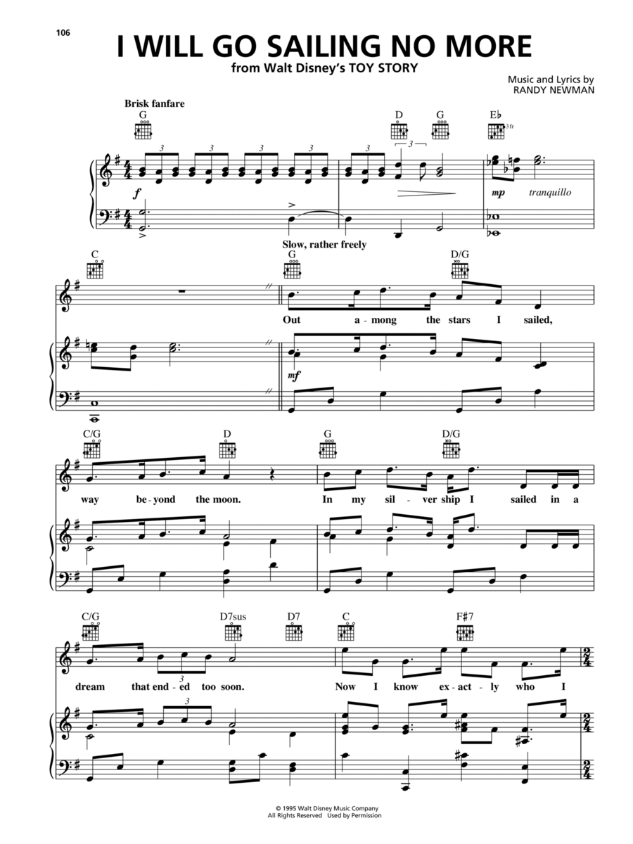I Will Go Sailing No More (from Disney's Toy Story) Piano, Vocal, Guitar scores gallery preview page 1