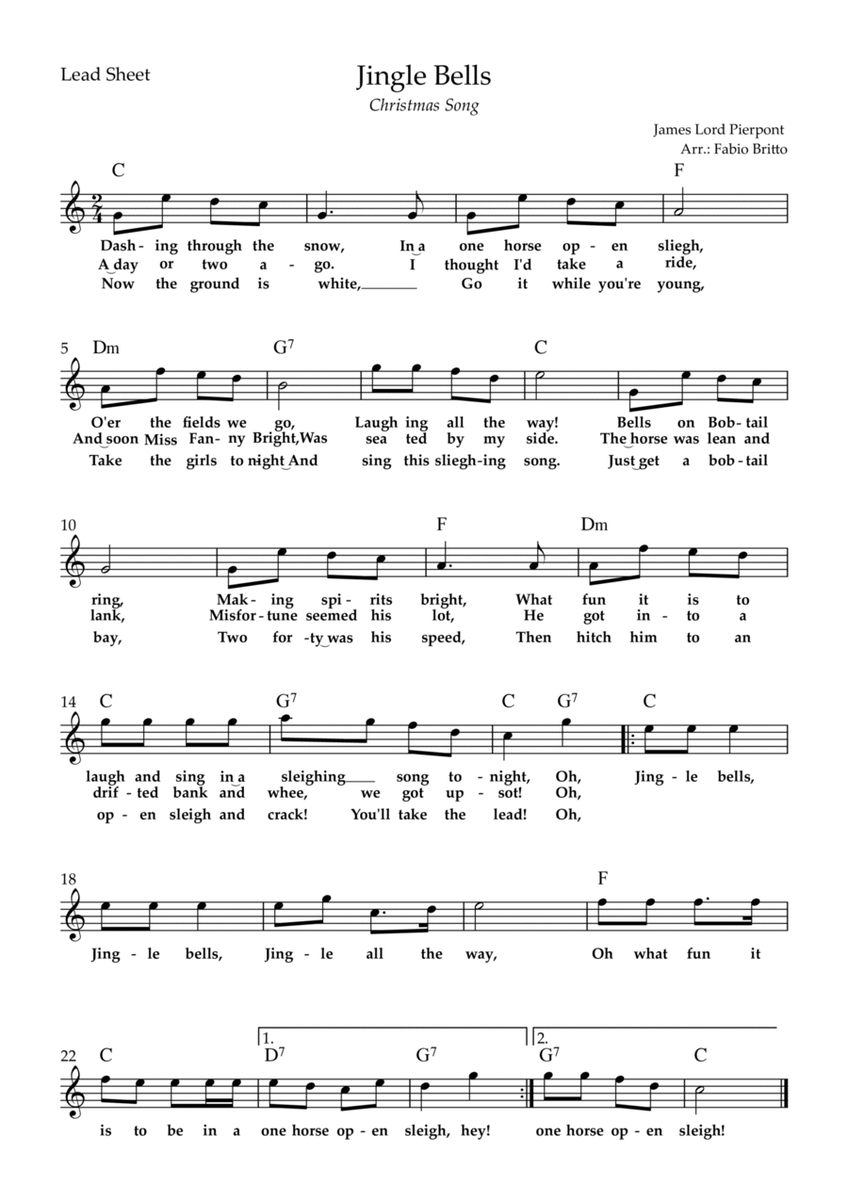 Jingle Bells (Christmas Song) Lead Sheet in C Major