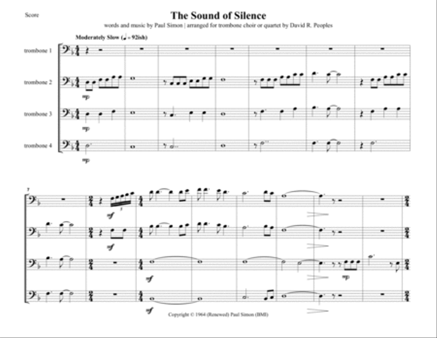 The Sound Of Silence for trombone quartet or choir Choir scores gallery preview page 2