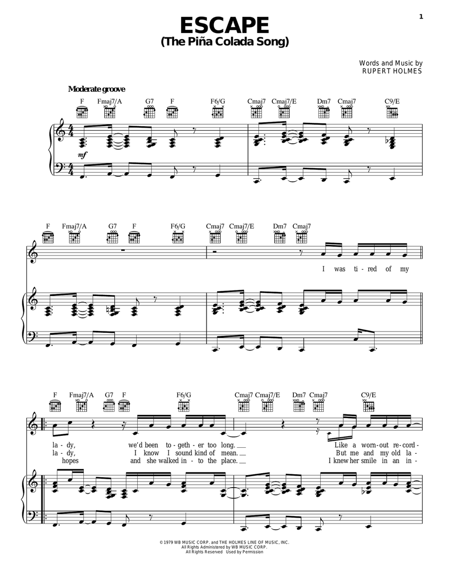 Escape (The Piña Colada Song) Piano, Vocal, Guitar scores gallery preview page 1