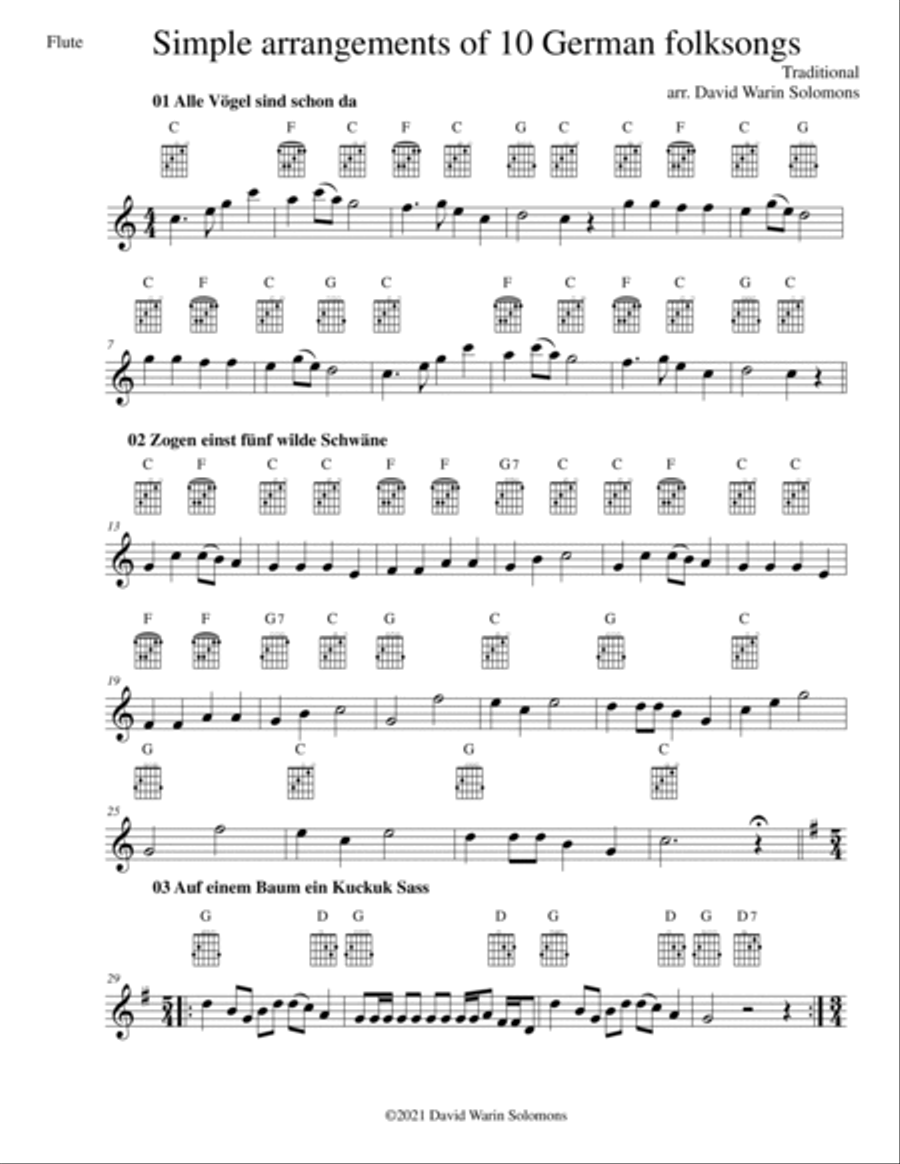 10 Volkslieder - Simple arrangements of 10 German folk songs (flute and guitar chords) Flute scores gallery preview page 1
