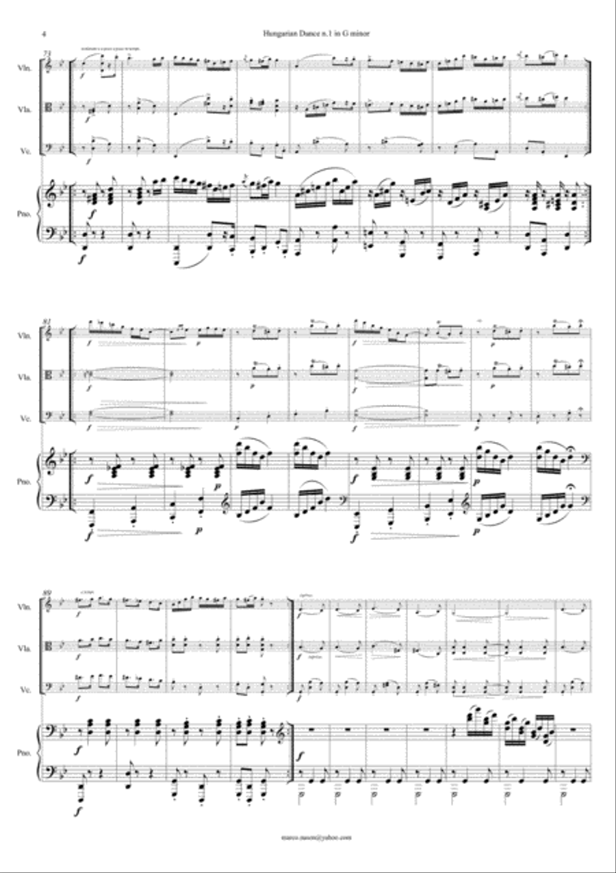 Brahms - Hungarian Dance n.1 in G minor for Piano Quartet Piano Quartet scores gallery preview page 4