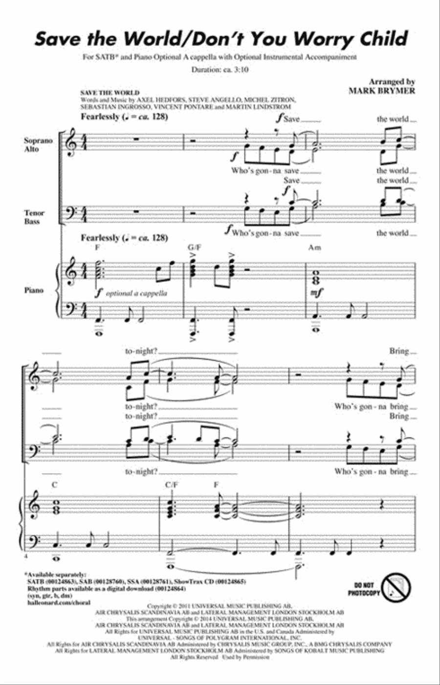 Save the World/Don't You Worry Child 4-Part scores gallery preview page 2