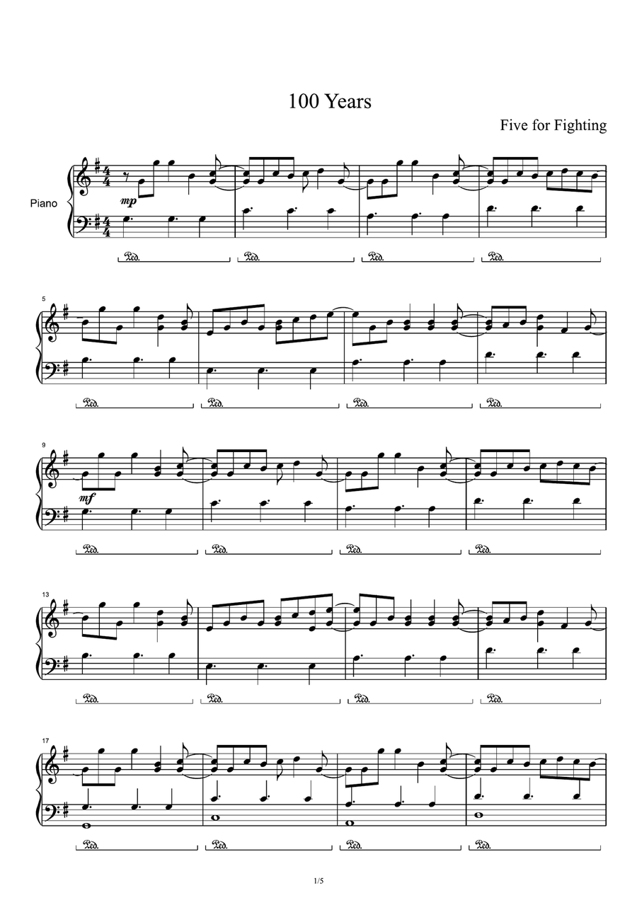 100 Years 100 Years Piano Solo scores gallery preview page 1