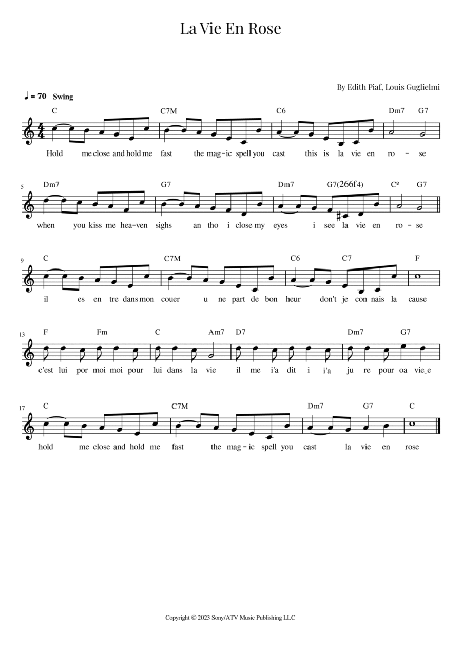 La Vie En Rose Easy Piano scores gallery preview page 1