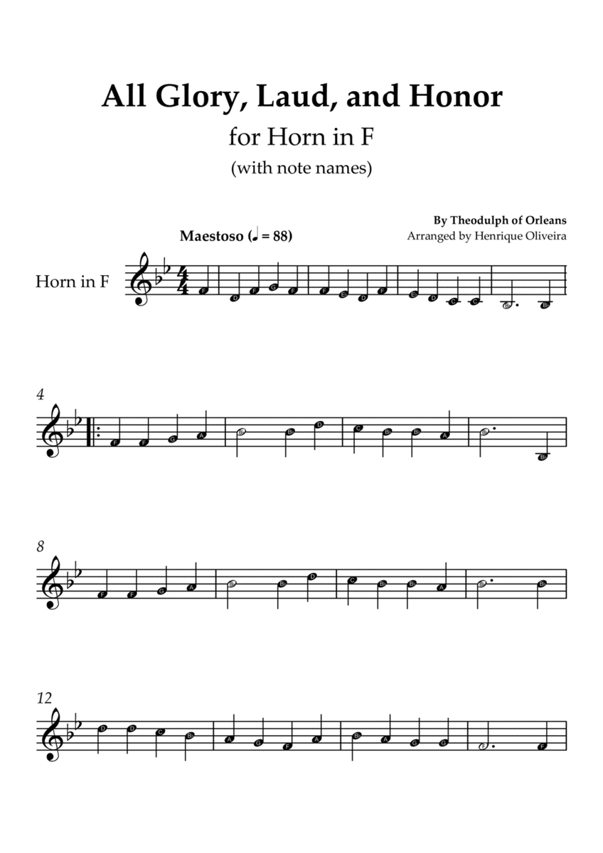 All Glory, Laud, and Honor (for Horn in F) - With note names image number null